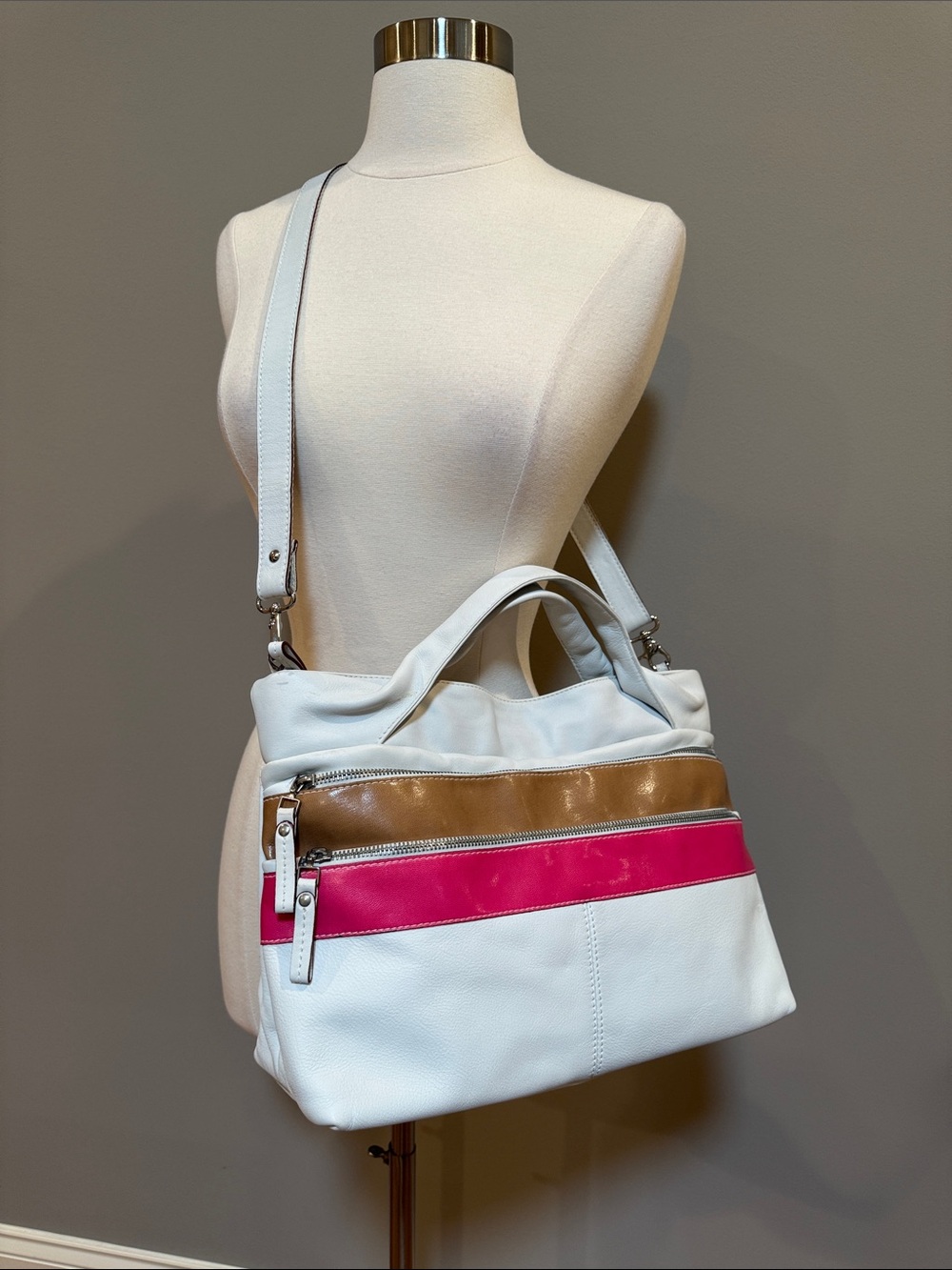 Nuovedive White Leather Satchel with Pink and Tan Accent